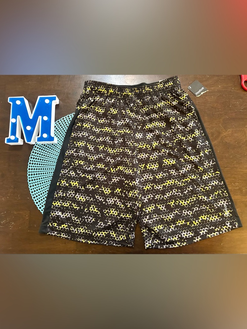 Reebok Boys'  Size L Performance Shorts in Black and Yellow Honeycomb Print NWT